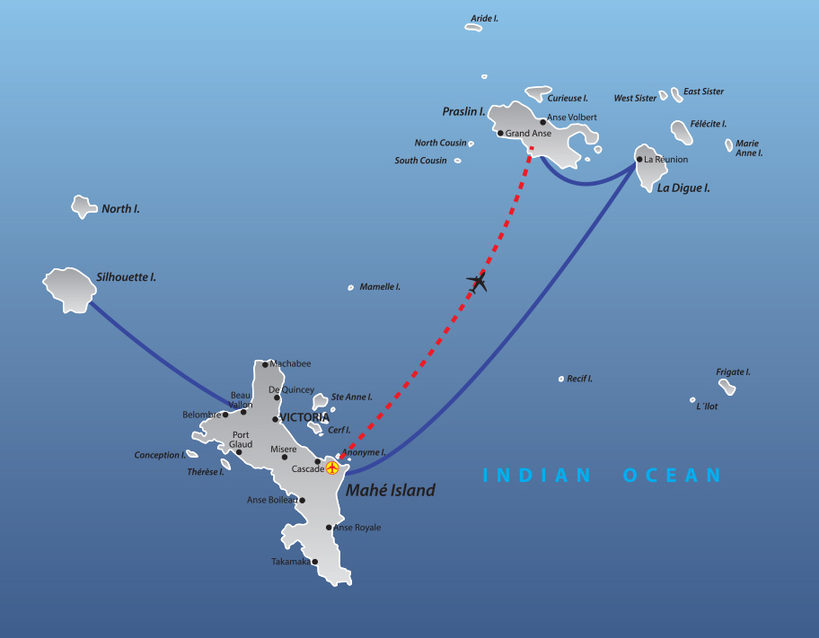 Seychellen Inselhüpfen Mahé, Praslin, La Digue Seychellen inselhopping Map